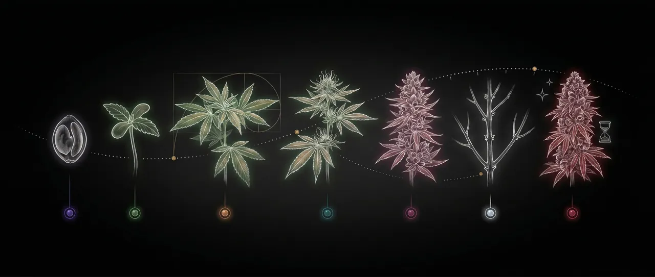 Estudio científico del ciclo de vida: siete etapas del cultivo, de la semilla a la cosecha, cada una marcada con el color de su producto Helix